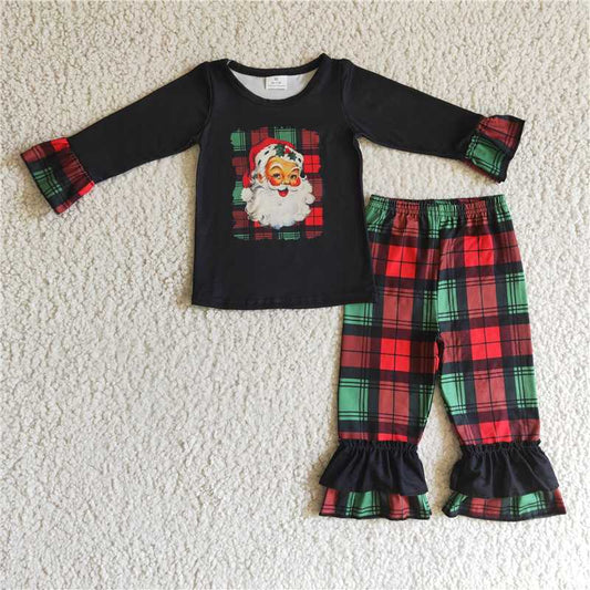 GLP0260 Baby girls black red santa Christmas ruffle pants clothes set