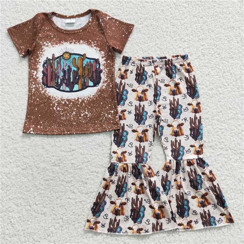 GSPO0647 Baby Girls Cactus Western Bell Bottom Pants Set