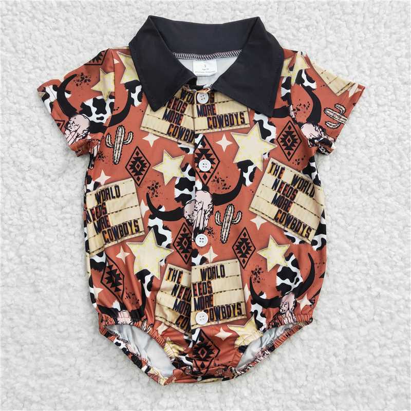 SR0193 Baby Boys Cow Skull Western Short Sleeve Romper