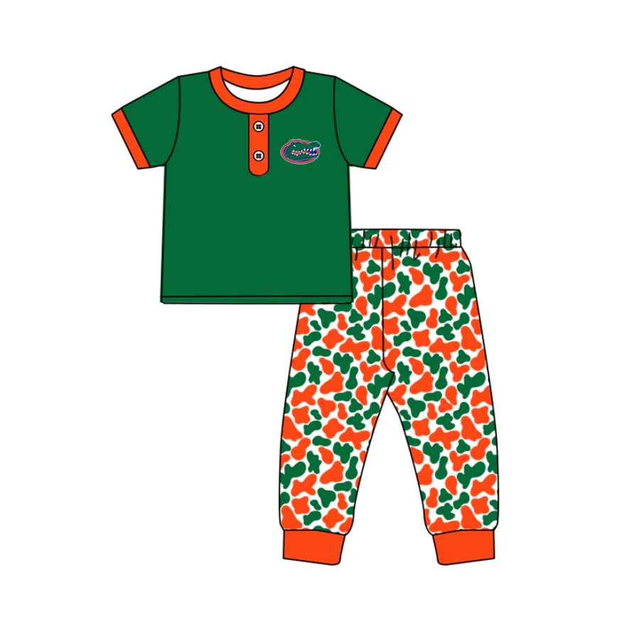 C11.26 Custom Moq 8 Baby Boys Green Crocodiles Button Top Camo Pants Team Clothes Sets