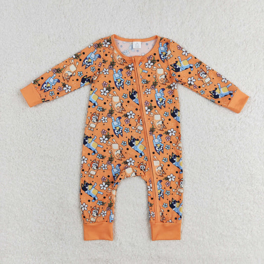 LR0982 Bamboo cartoon dog flower orange zip-up long-sleeved onesie