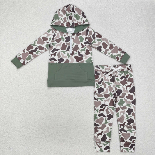 BT0914+P0660 Baby Boys Ducks Dogs Hunting Camo Hooded Tops Pants Clothes Set