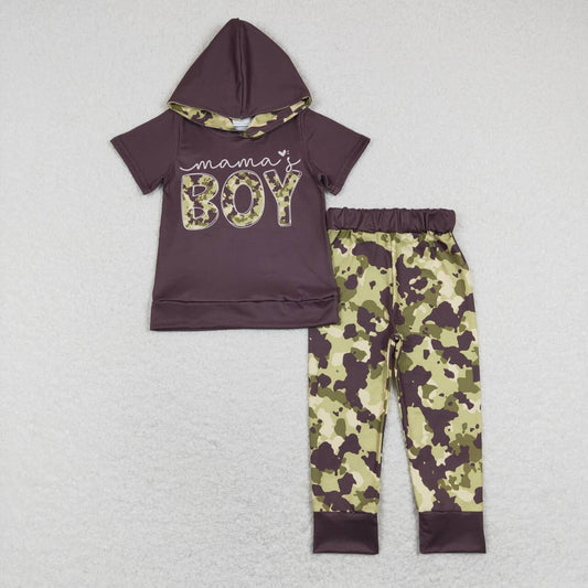 BSPO0274 boy letter brown hooded short-sleeved camouflage trousers suit
