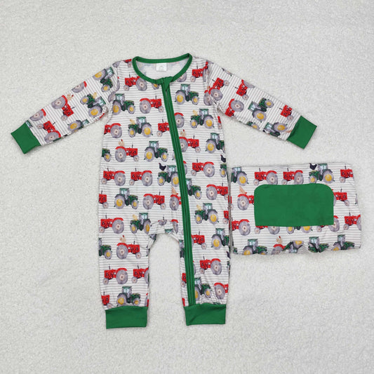 LR1480 Baby Infant Boys Farm Tractors Zip Long Sleeve Bamboo Romper