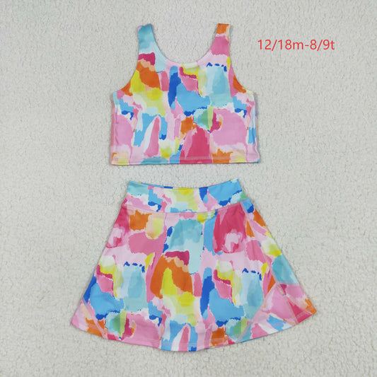 GSD2625 Baby Girls Sleeveless Watercolor Camo Vest Top Short Skirts Yoga Set 6.23