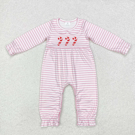 LR1441 Baby Infant Girls Christmas Candy Cane Pink Long Sleeve Romper