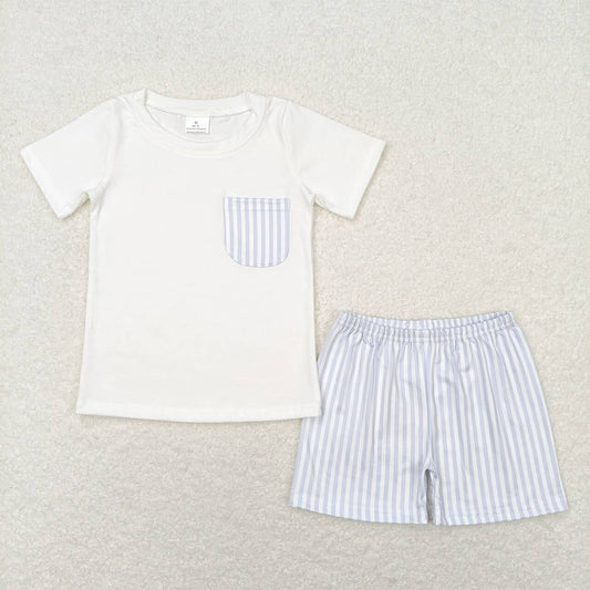 BSSO0764 Blue and white striped pocket short-sleeved shorts suit