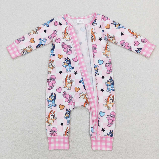 LR0870 Love pink and white checkered zipper long-sleeved onesie