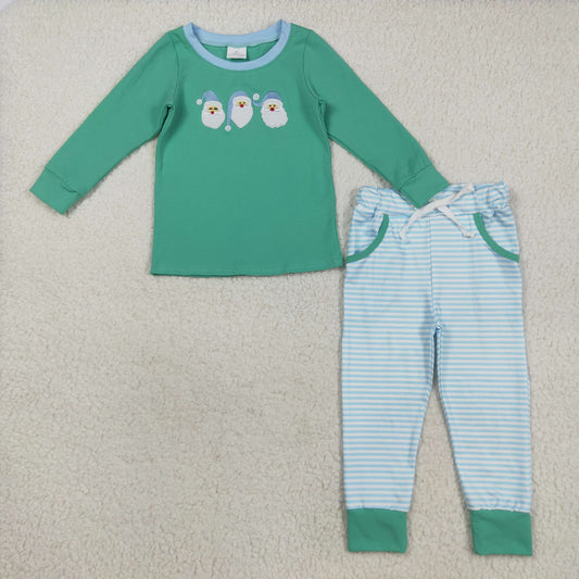 BLP1168 Embroidery Santa Baby Boys Green Top Stripe Pockets Legging Christmas Set C8.23