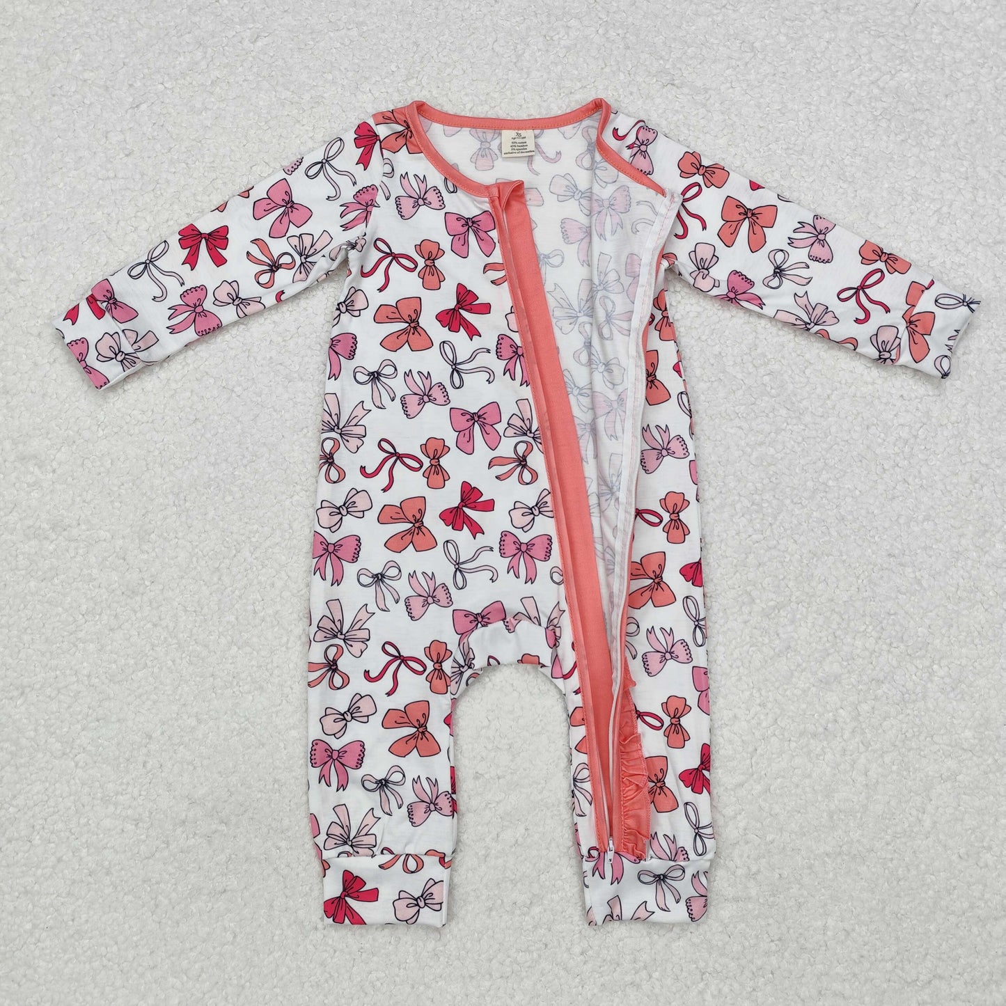 LR1905 Baby Infant Girls Valentines Pink Bows Bamboo Long Sleeve Romper