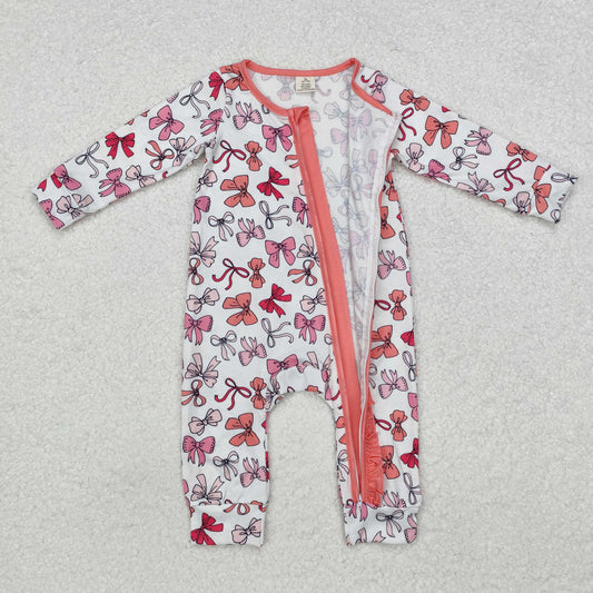 LR1905 Baby Infant Girls Valentines Pink Bows Bamboo Long Sleeve Romper