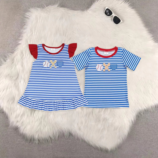 Sibling Baby Kids Blue Stripes Embroidery Baseball Short Sleeves Tee Shirts Top 5.9