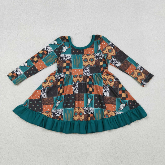 GLD0837 Baby Girls Western Cows Aztec Ruffle Knee Length Dress C10.16