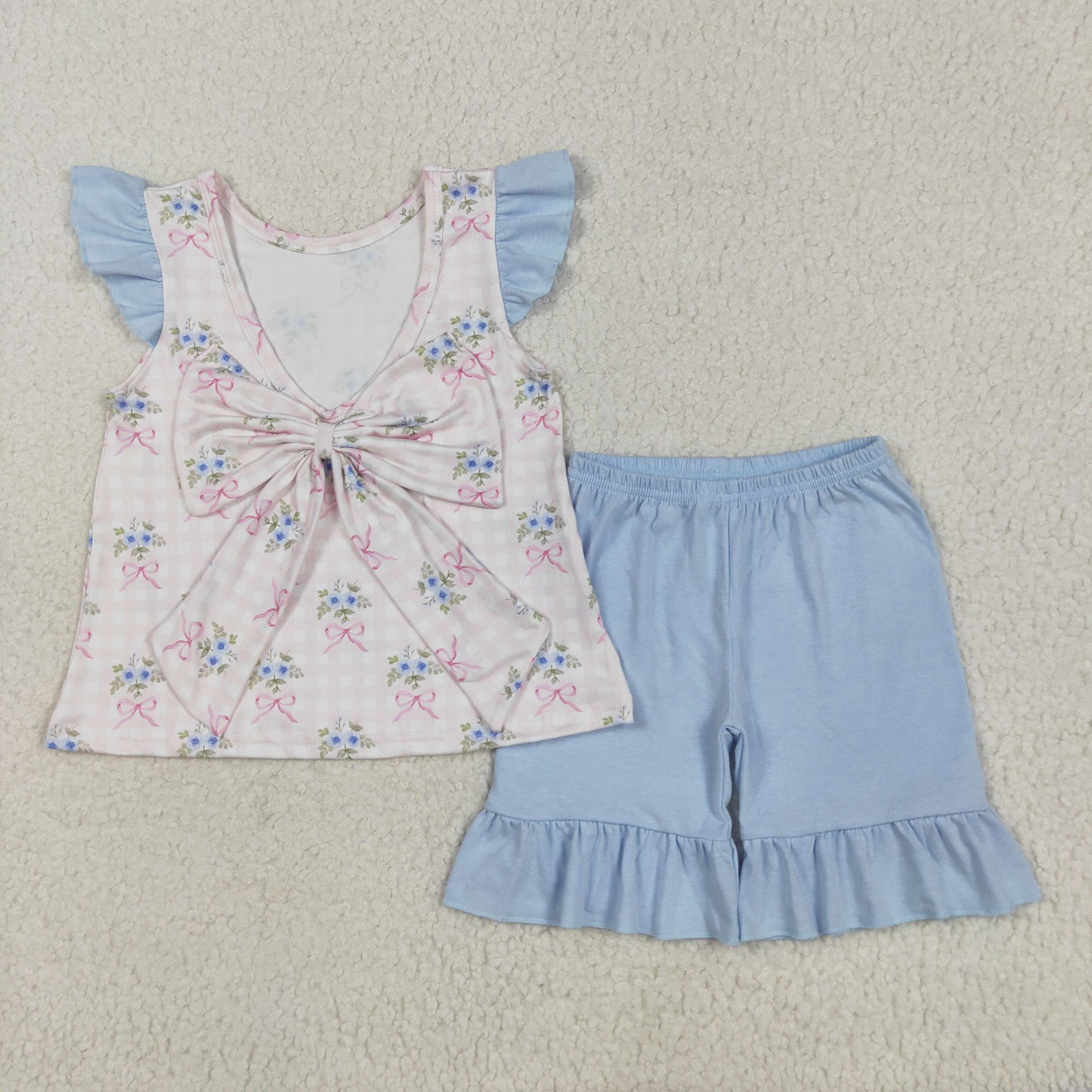 GSSO1577 Baby Girls Pink Checkered Bows Tunic Ruffle Shorts Clothes Set 5.17