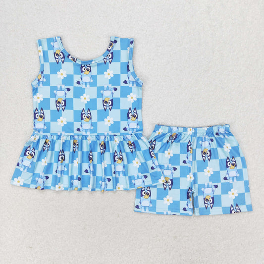 GSSO1248 Girls cartoon dog flower blue plaid sleeveless shorts set