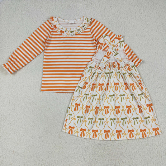 GT1074+GSD2676 Baby Girls Stripe Bows Top Pockets Knee Length Dresses 2pcs Clothes Set
