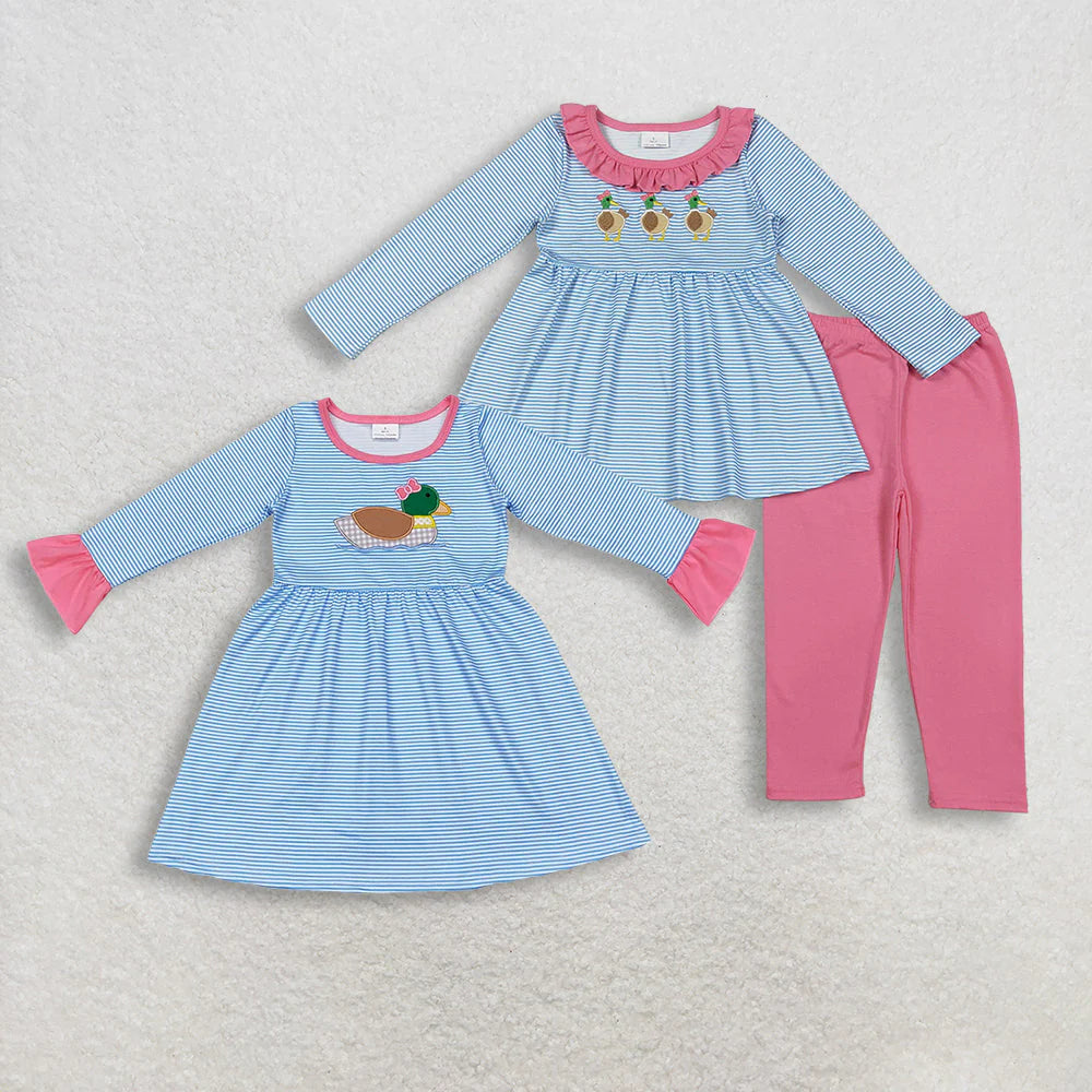Sibling Baby Girls Embroidery Bow Ducks Blue Stripe Tunic Leggings Valentines Sets Dresses C11.11