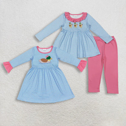 Sibling Baby Girls Embroidery Bow Ducks Blue Stripe Tunic Leggings Valentines Sets Dresses C11.11
