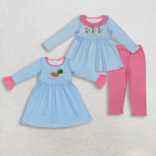 Sibling Baby Girls Embroidery Bow Ducks Blue Stripe Tunic Leggings Valentines Sets Dresses C11.11