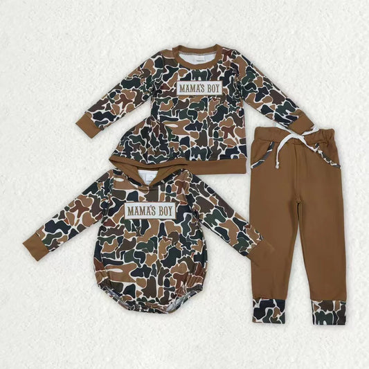 Sibling Baby Boys Embroidery Mama's Boy Brown Camo Pockets Pants Clothes Sets Hoodie Romper C11.18