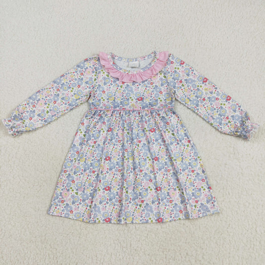 GLD1120 Baby Girls Long Ruffle Sleeves Blue Floral Knee Length Dress 7.31