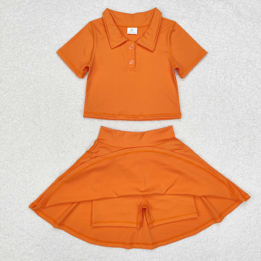 GSD1394 Baby Girls Orange Buttons Shirt Skirt Active Wear Clothes Set