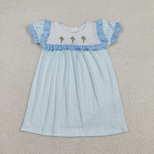 GSD2851 Embroidery Crosses Baby Girls Blue Checked Easter Knee Length Dress C12.11