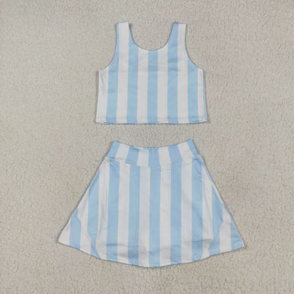 GSD2433 Baby Girls Blue Stripes Athletic Active Wear Top Shorts Skirts Outfit 5.5