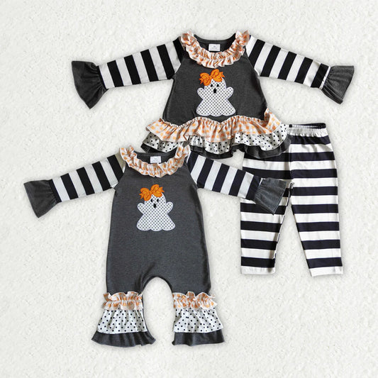 Sibling Baby Girls Black Stripe Embroidery Ghost Tunic Leggings Pants Halloween Clothes Sets Rompers C9.18