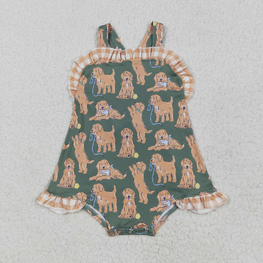 SR2986 Baby Infant Girls Green Strap Dogs Ruffle Romper 5.5