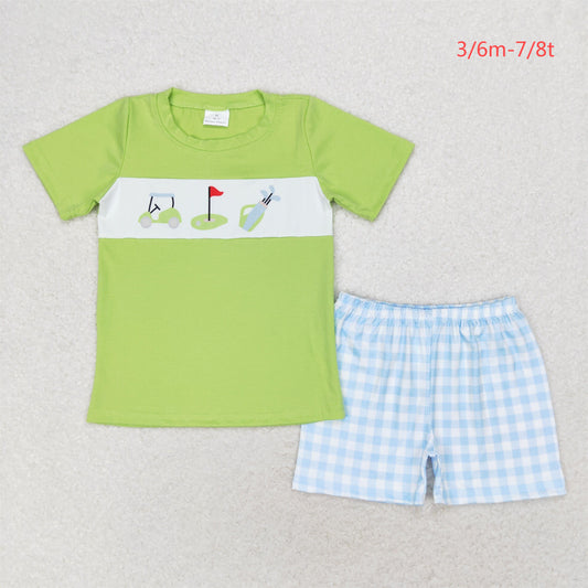 BSSO0667 Golf tour car green short-sleeved blue plaid shorts set