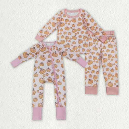 Sibling Baby Girls Pink Bows Pumpkins Rompers Pajamas Sets 8.13
