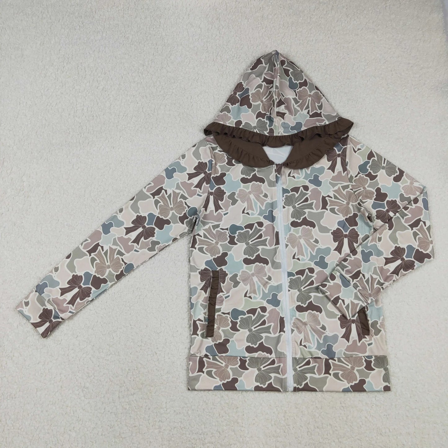 Mama and Me Southern Grey Bows Camo Pockets Zipper Ruffle Hoodie Jackets Top C12.2