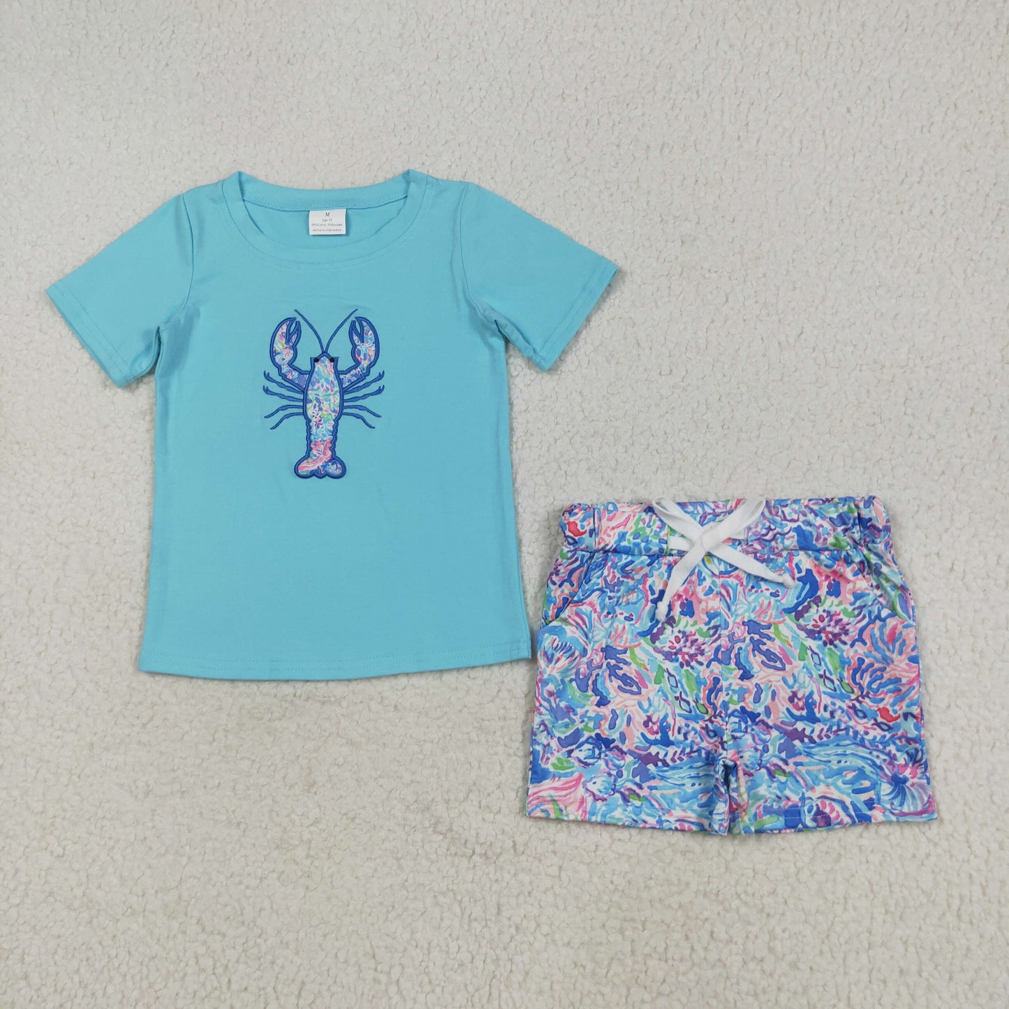 BSSO1479 Embroidery Baby Boys Blue Short Sleeves Floral Crayfish Top Pockets Short Set 7.29