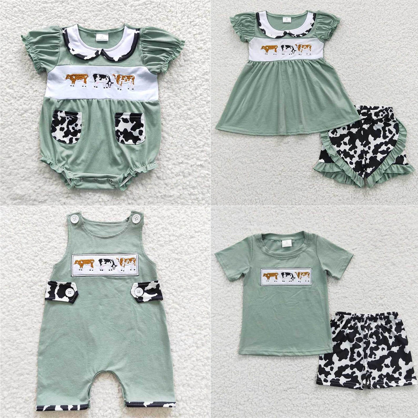 GSD0347 Girl's Embroidered Cow Green Pocket Short Sleeve Dress