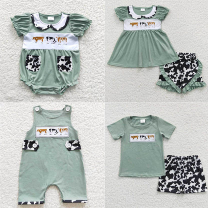 GSD0347 Girl's Embroidered Cow Green Pocket Short Sleeve Dress