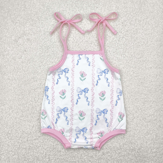 SR2858 Baby Infant Girls Blue Bows Flowers Straps Romper 5.5