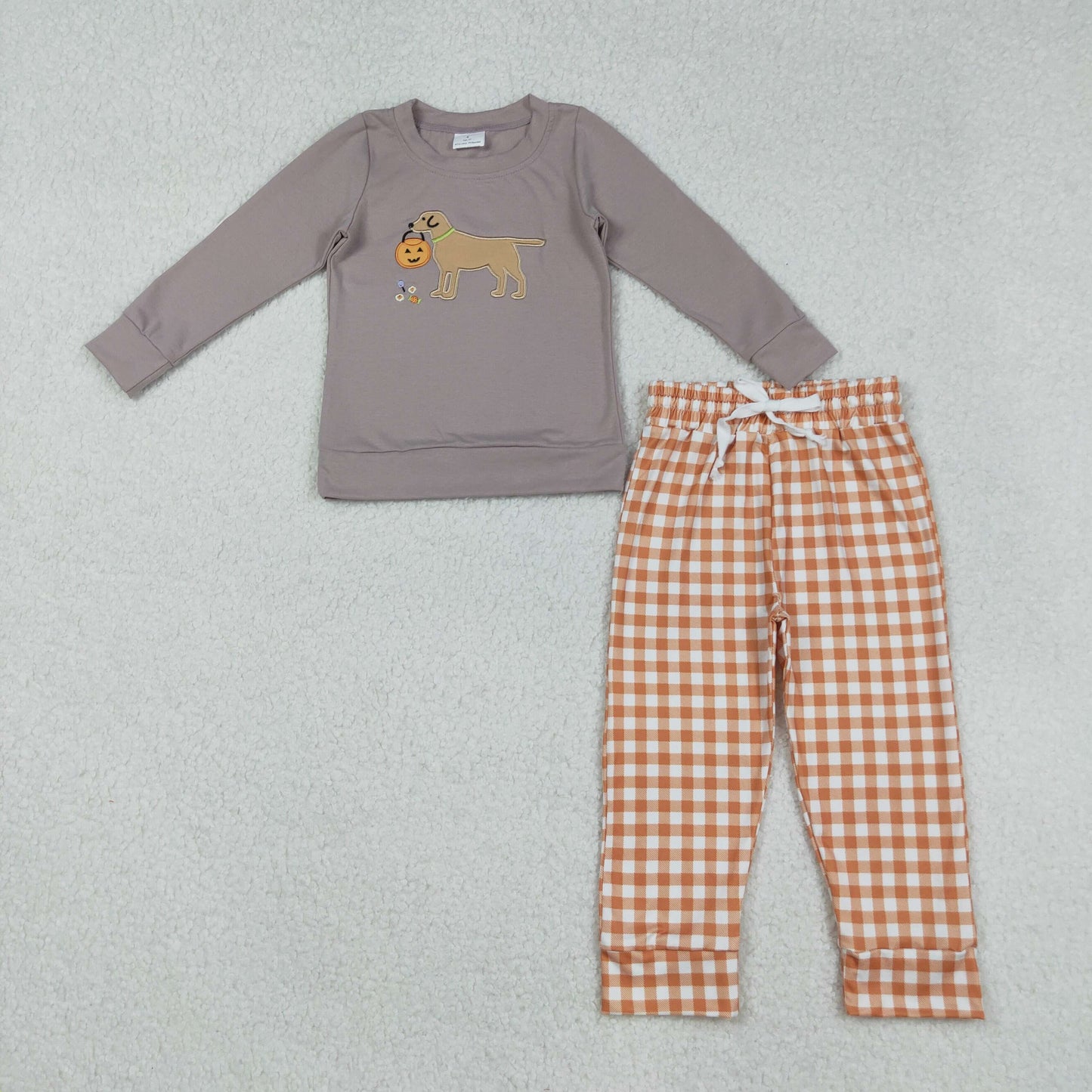 BLP1098 Embroidery Baby Boys Halloween Ghost Pumpkins Dog Top Orange Plaid Pant Set C9.4