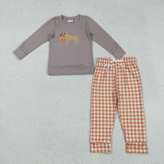 BLP1098 Embroidery Baby Boys Halloween Ghost Pumpkins Dog Top Orange Plaid Pant Set C9.4