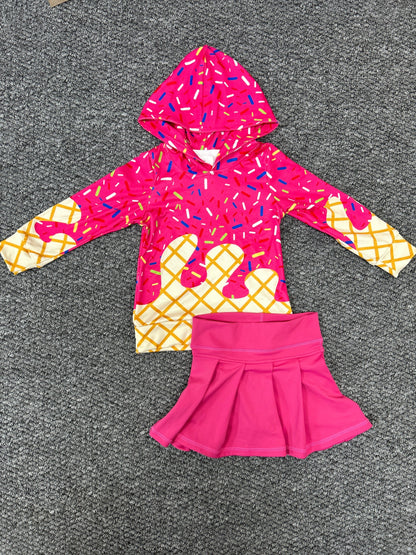 BT1271+GLK0079 Baby Girls Hot Pink Drip Hoodie Top Yoga Skort Team Set 7.30