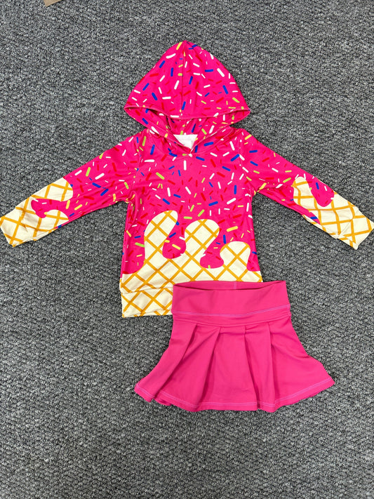 BT1271+GLK0079 Baby Girls Hot Pink Drip Hoodie Top Yoga Skort Team Set 7.30