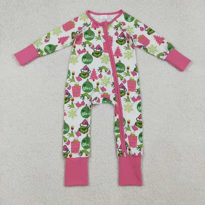 Sibling Baby Girls Green Faces Trees Lights Christmas Ruffle Knee Length Dress Pajamas Sets Footie Rompers C10.14