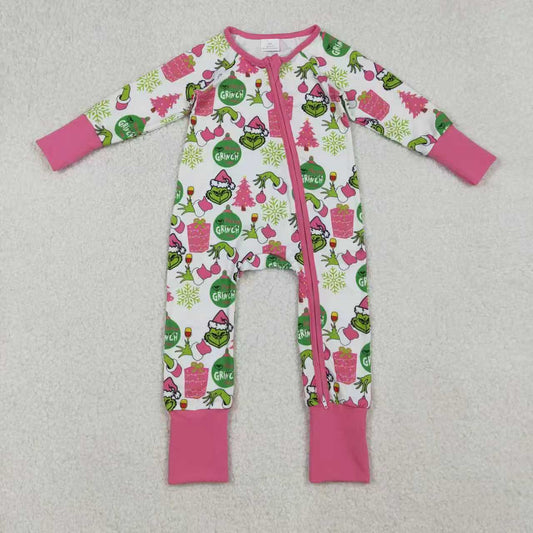 Sibling Baby Girls Green Faces Trees Lights Christmas Ruffle Knee Length Dress Pajamas Sets Footie Rompers C10.14
