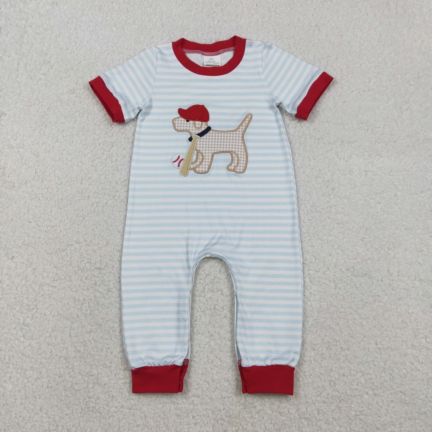 SR3330 Embroidery· Baby Boys Stripe Dog Baseballs Team Footie Romper C12.1