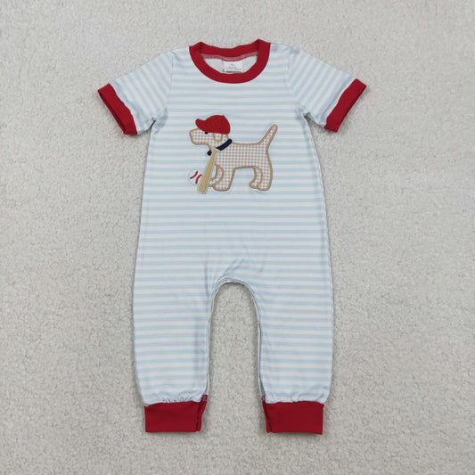 SR3330 Embroidery· Baby Boys Stripe Dog Baseballs Team Footie Romper C12.1