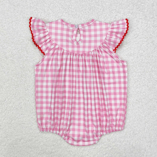 SR2214 Baby Infant Girls Valentines Hearts Bow Checkered Smocked Romper