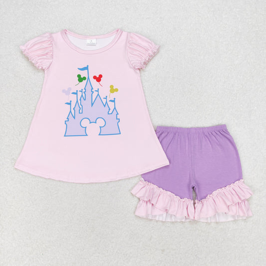 GSSO1185 Girls Cartoon Castle pink short sleeve purple shorts set