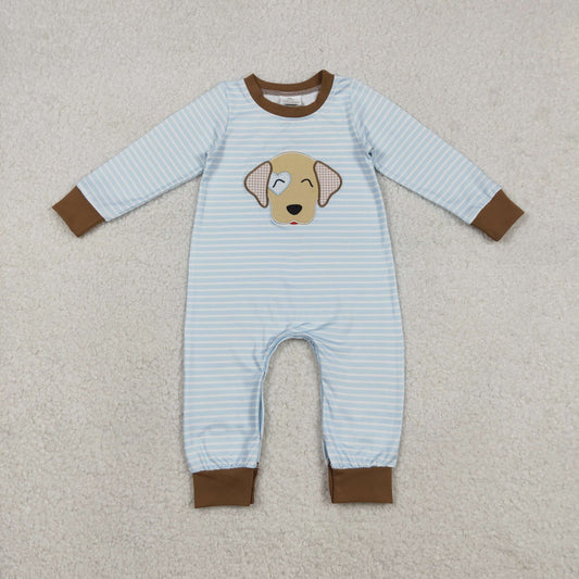 LR2659 Embroidery Baby Boys Blue Stripe Heart Dog Valentine Footie Romper C12.16