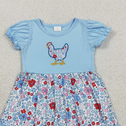 RTS GSD3418 Embroidery Floral Chick Baby Girls Farm Ruffle Knee Length Dresses