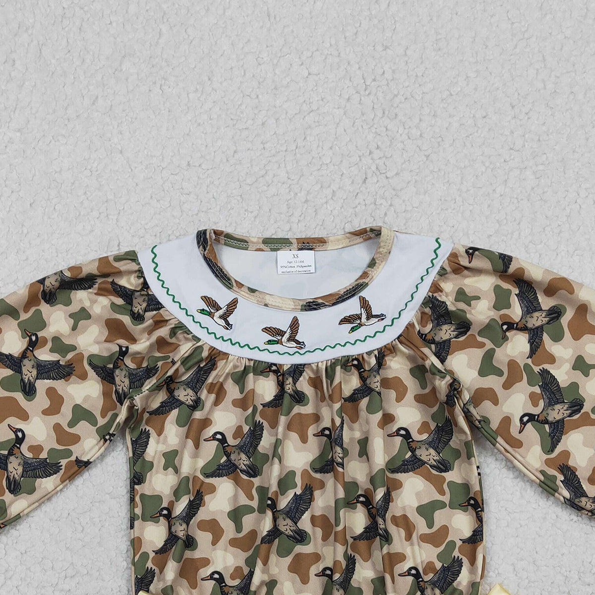 RTS LR2896 Embroidery Ducks Baby Girls Southern Khaki Camo Hunting Ruffle Rompers